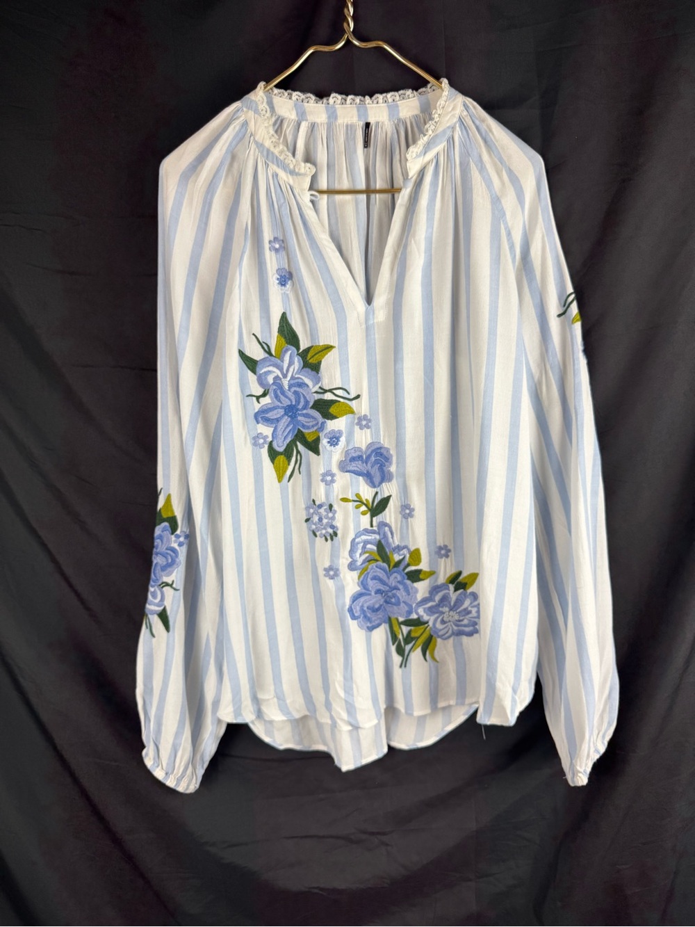Anthropologie Embroidered & Striped Blouse Sz M Boho Cottagecore Nature Relaxed - Picture 6 of 11